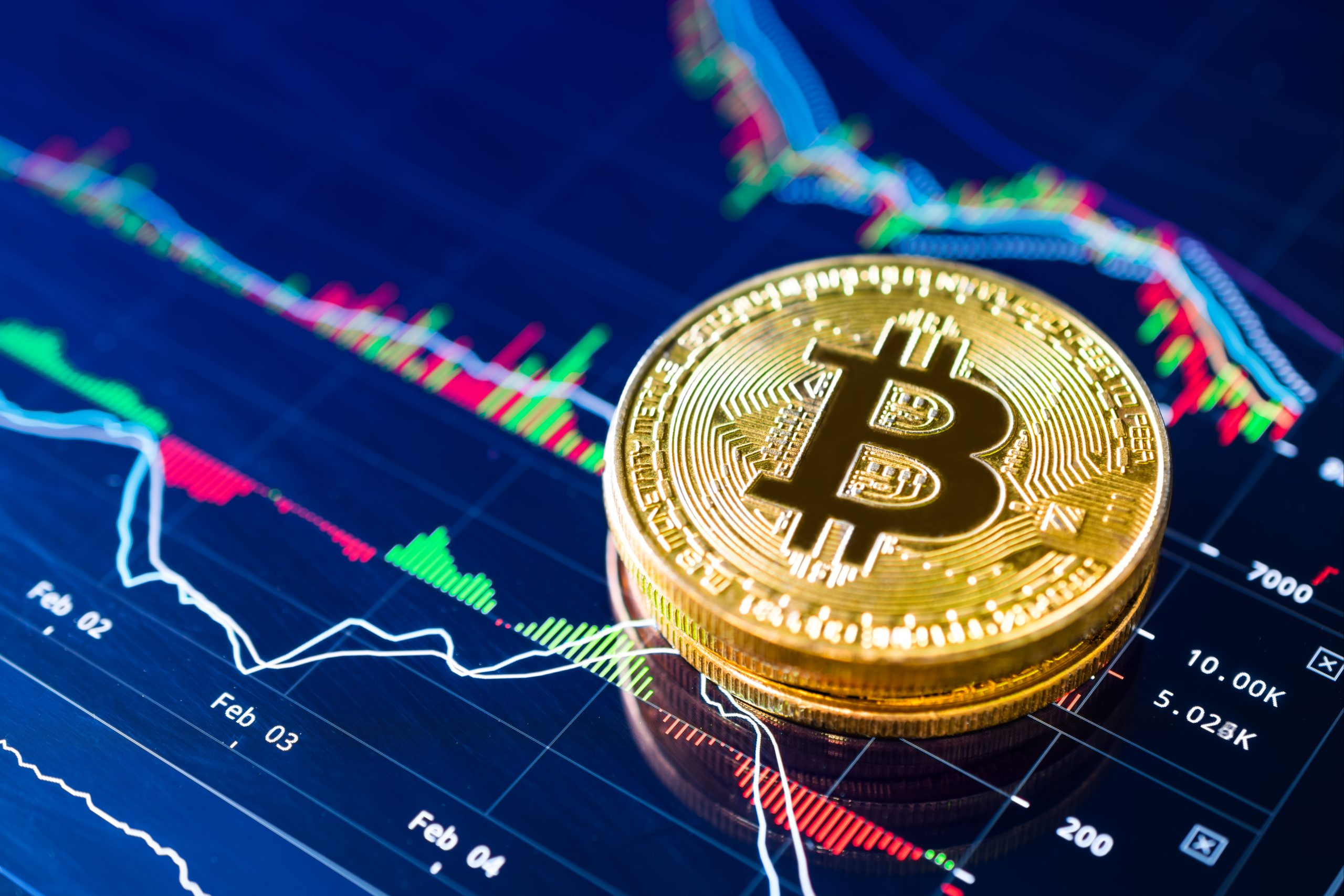 Bitcoin coins over a cryptocurrency market chart