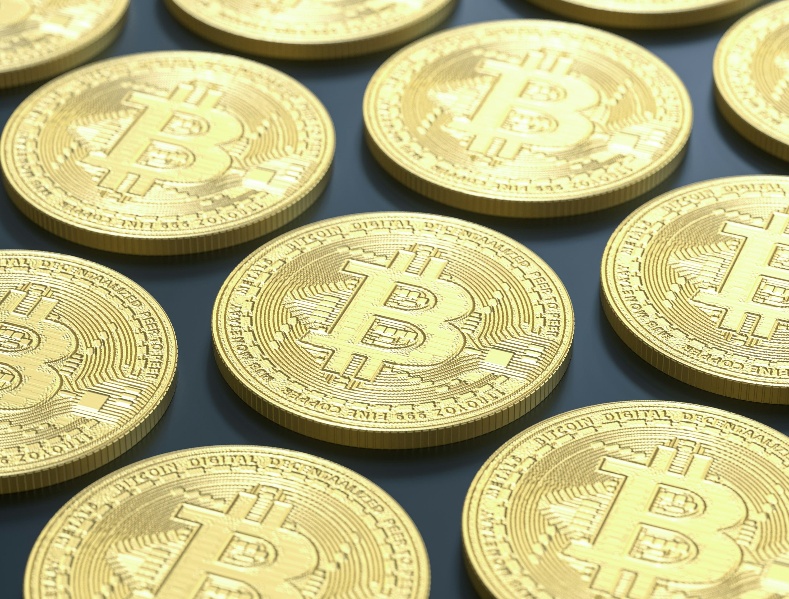 Close-up of physical Bitcoin coins