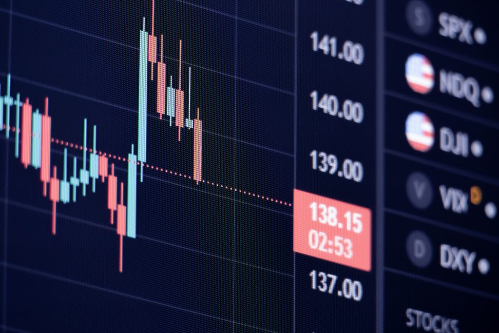 Close-up financial candlestick chart on a market screen