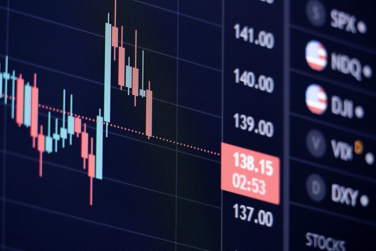 Close-up financial candlestick chart on a market screen