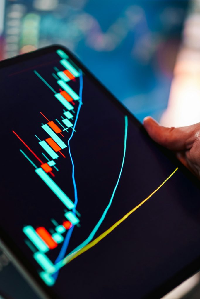 Candlestick trading chart displayed on a tablet
