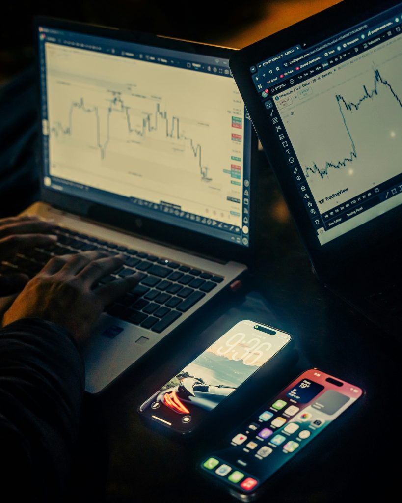 Trading charts displayed across laptop tablet and mobile screens
