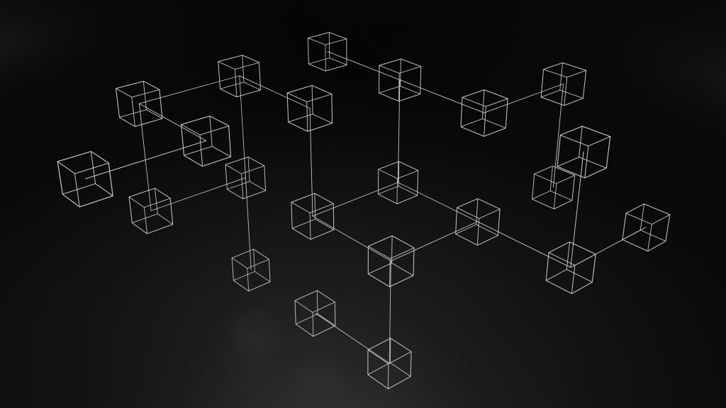 Wireframe cubes connected in a blockchain network