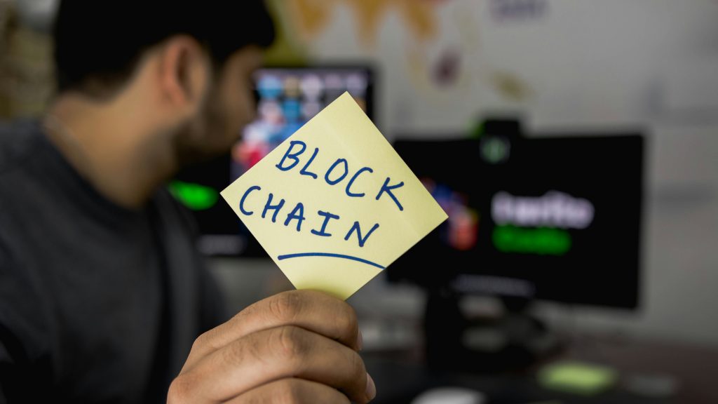 Blockchain technology concept at a computer workstation