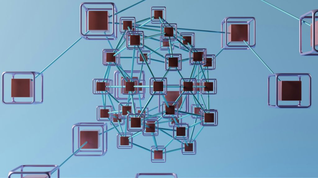 Connected digital blocks representing distributed ledger infrastructure