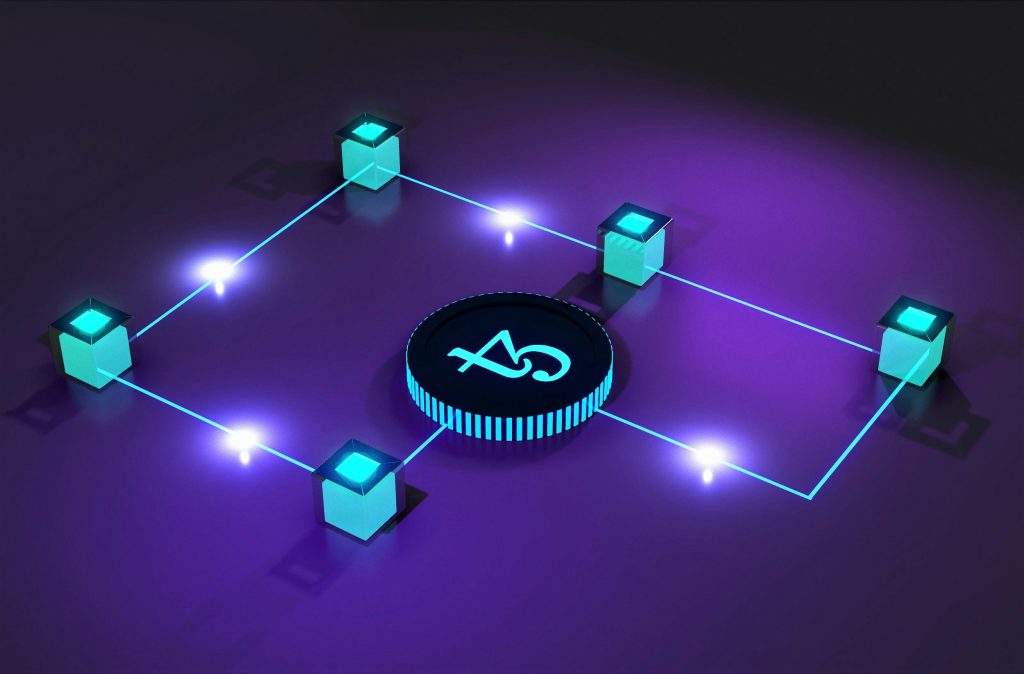 Glowing nodes connected around a digital asset network