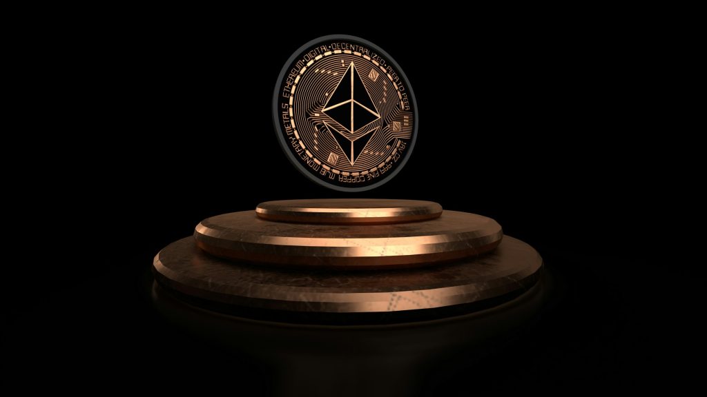 Ethereum coin displayed above a dark digital platform