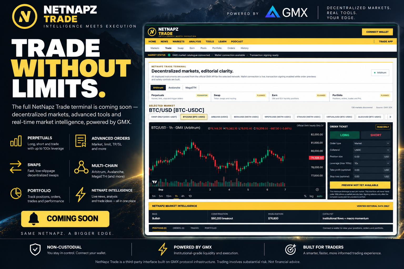 NetNapz Trade coming soon decentralized trading terminal powered by GMX protocol infrastructure