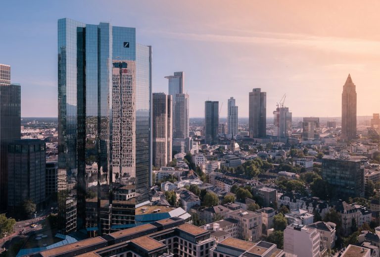 Frankfurt financial district for ECB policy coverage