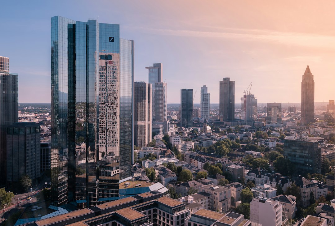 Frankfurt financial district for ECB policy coverage