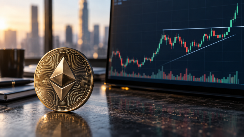 Ethereum price chart bull flag editorial illustration