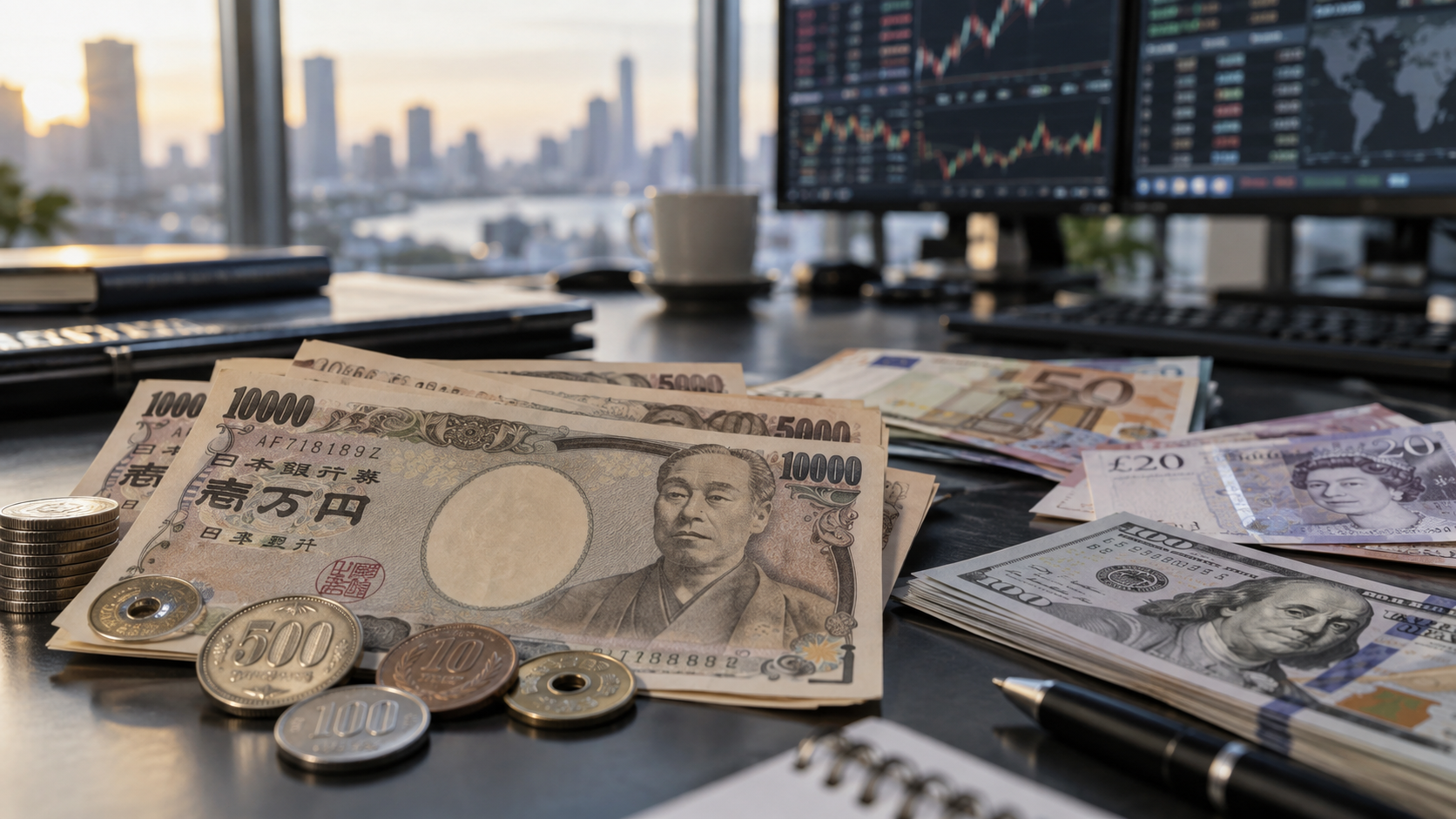 Japanese yen and global currencies at a trading desk