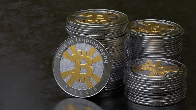 Illustrative stack of Bitcoin-themed coins