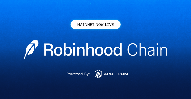 Robinhood Chain mainnet graphic showing it is powered by Arbitrum