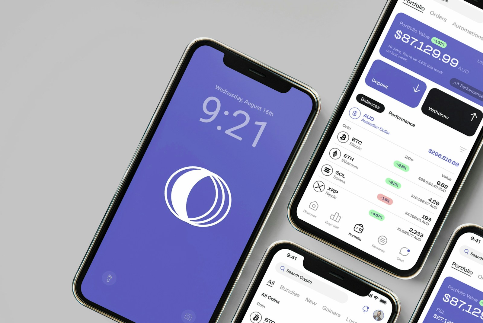 Several smartphones displaying cryptocurrency market data, illustrating demand for Solana exchange-traded funds