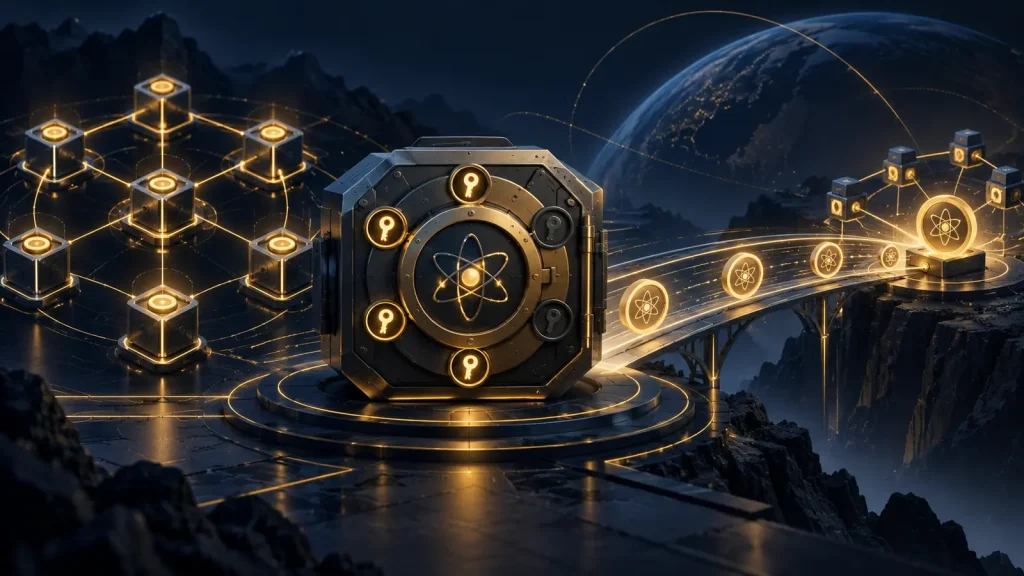 Editorial illustration of validator nodes securing ATOM in a multisignature vault before a recovery transfer