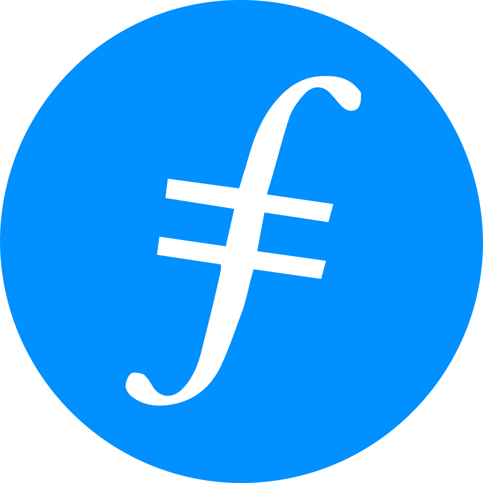 White Filecoin symbol on a blue circular background