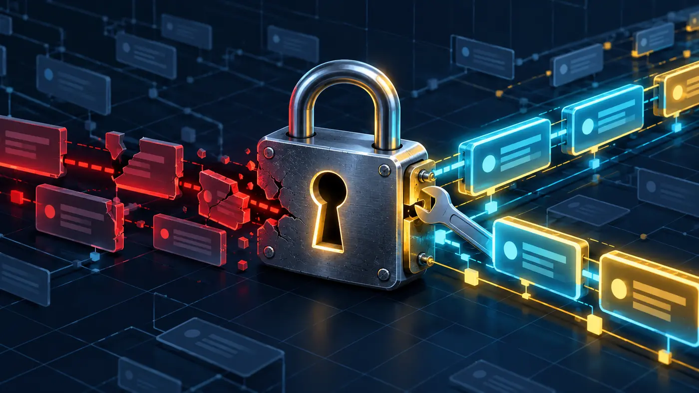 Editorial illustration of a repaired signature-validation lock separating rejected token records from verified indexer records