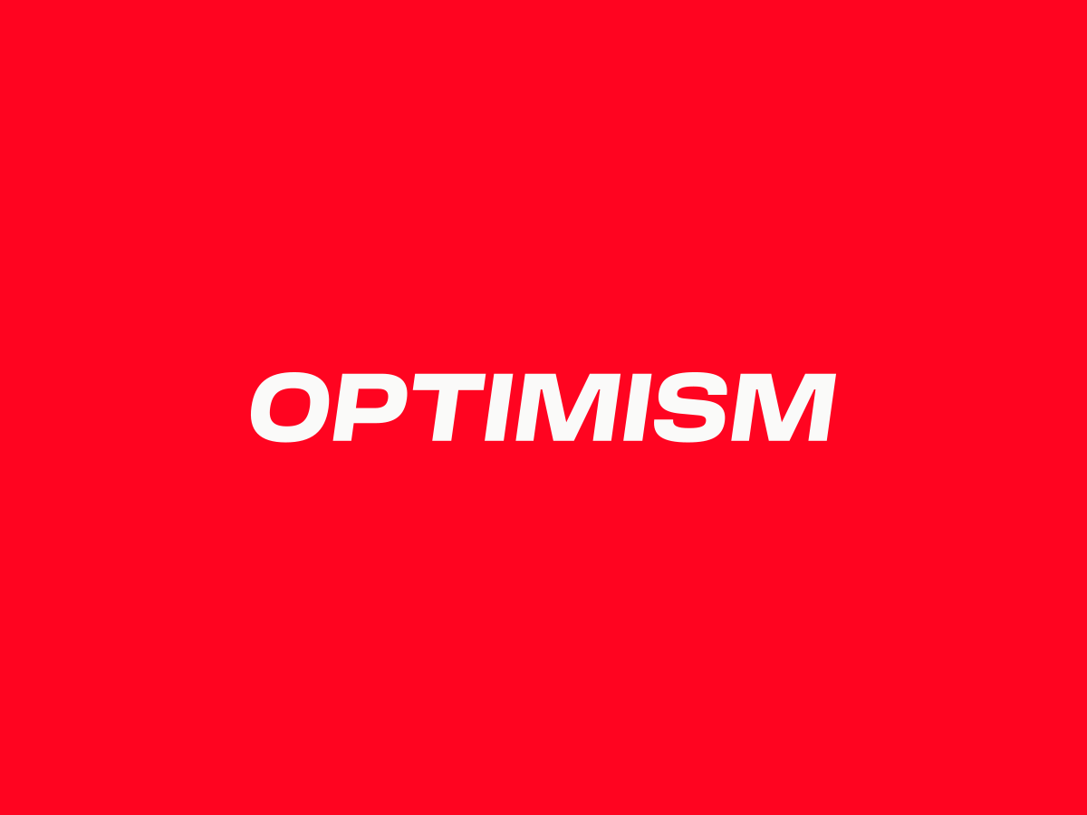 White italic Optimism wordmark on its official red background