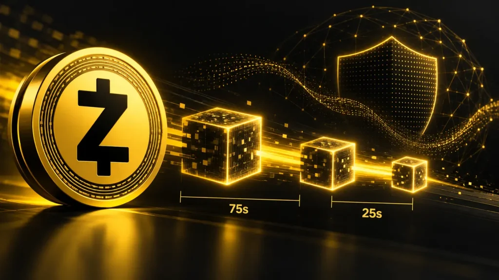 Editorial illustration of the Zcash symbol, privacy shield and blockchain blocks accelerating from 75 seconds to 25 seconds